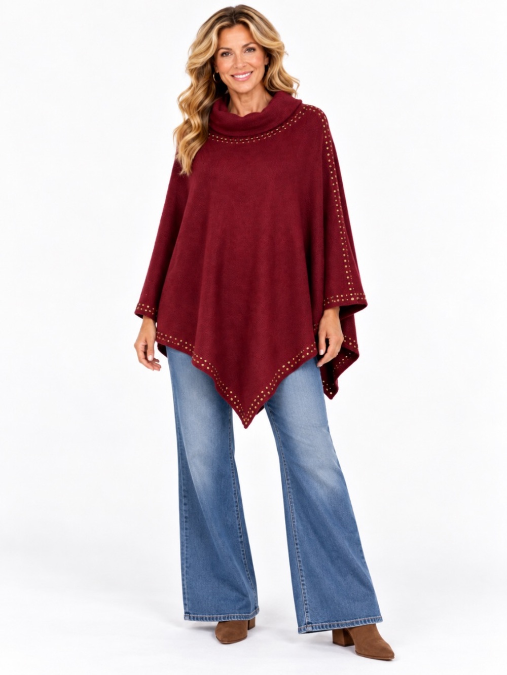 MAD STYLE Maroon Stud-Trim Poncho Turtleneck Sweater Size OSFM